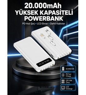 Akıllı LCD Ekranlı 20.000mAh Powerbank PD + USB + Type-C Yeni Nesil