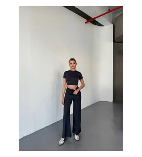 Antrasit Crop Tişört & Bol Paça Pantolon Takım