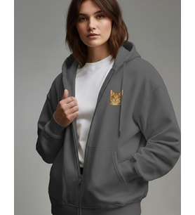 Kadın Bengal Kedisi Baskılı Tam Boy Fermuarlı Hoodie – Oversize (Gri)