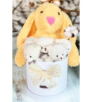 Özel Kutuda, Sarı Jellycat Tavşan, 5 Beyaz Ayıcık – Pamuk Çiçeği Dokunuşlu, Özel Ayıcık Buketi
