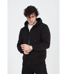 Unisex Tam Fermuarlı Kapşonlu SweatShirt - Siyah
