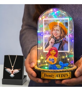 Size Özel Renkli Led Işıklı Deniz Kızı Fanus ve Renkli Anka Kuşu Kolye