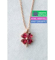 Jewelmim Kırmızı Taşlı Dört 4 Yapraklı Yonca Gümüş Kolye Rose Altın Kaplama 925 Ayar Kadın Gümüş Yonca Kolye (Rose)