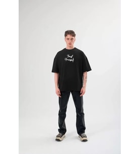 Unisex Bisiklet Yaka Baskılı Oversize T-Shirt - Siyah