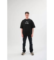 Unisex Bisiklet Yaka Baskılı Oversize T-Shirt - Siyah