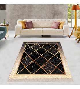 Gold Şeritli Geometrik Desenli Karo Motif Dijital Baskı Yıkanabilir Kaymaz Taban Modern Salon Halısı (Siyah)