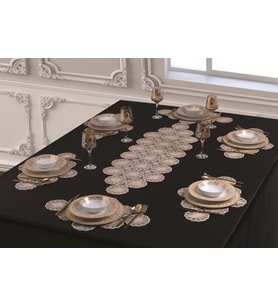 Amerikan Servis Supla Ve Runner Set 6 Kişilik Nakışlı 7 Parça Çeyizlik Takımı (Bej)