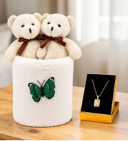 Peluş Saksıda Peluş Ayıcık Buketi ve Altın Kaplama Baget Montür Kolye Kadına Sevgiliye Arkadaşa Hediye