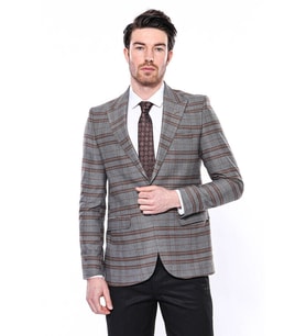 Ekose Desenli Slim Fit Kahverengi Erkek Ceket - Wessi (Taba)