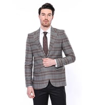 Ekose Desenli Slim Fit Kahverengi Erkek Ceket - Wessi (Taba)