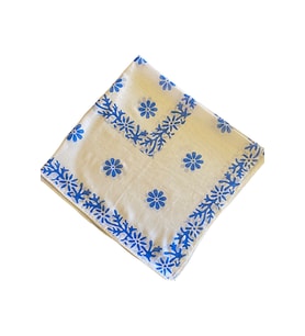 Kadın Mavi Renk Çiçek Desenli Pamuklu El Yapımı Bandana, Eşarp Kare,50 X 50 Cm (Beyaz)