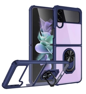 Samsung Galaxy Z Flip 3 Kılıf Şeffaf Sararmaz Yüzüklü Mola Kapak (Lacivert)