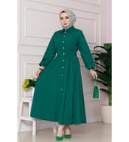 Beli Lastik Detaylı Yasemin Elbise-Zümrüt Yeşili