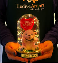 Kişiye Özel İsimli Fanus  Led Işıklı Seni Seviyorum Temalı Peluş Ayıcık