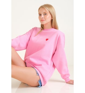 Giyim Dünyası Kadın Kalp Nakışlı 3 İp Şardonlu Oversize Sweatshirt Pembe