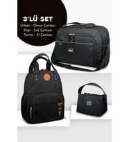 Stylo 3'lü Set Popi Anne Bebek Bakım Sırt Çantası & Urban Anne Bebek Omuz Çantası ve Termos Çanta (Siyah)