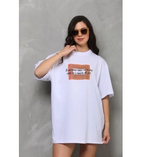 Unisex Bisiklet Yaka Baskılı Oversize T-Shirt - Beyaz