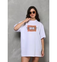 Unisex Bisiklet Yaka Baskılı Oversize T-Shirt - Beyaz