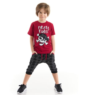 Korsan Kuralı Erkek Çocuk T-shirt Kapri Şort Takım (Gri-Kırmızı)