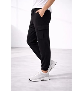 Erkek Jogger Eşofman Altı Regular Fit , Kargo Cepli, Lastikli Paça, Günlük Spor Pantolon - Siyah