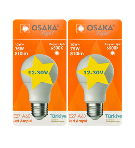 (2 Adet) Osaka 12VOLT 10W (75W) Beyaz Işık (6500K) E27 Duylu (Kalın Duy) Led Ampul