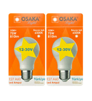 (2 Adet) Osaka 12VOLT 10W (75W) Beyaz Işık (6500K) E27 Duylu (Kalın Duy) Led Ampul