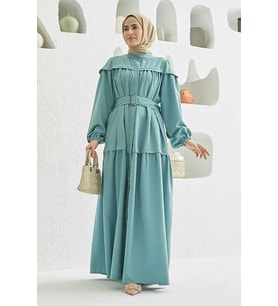 6605-Carla Büzgülü Kuşaklı Elbise Mint Yeşili