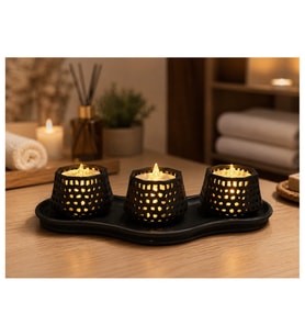 Alvera Dekoratif Mumluk Seti – Desenli Tealight ve Masaüstü Aydınlatma Objesi - Siyah