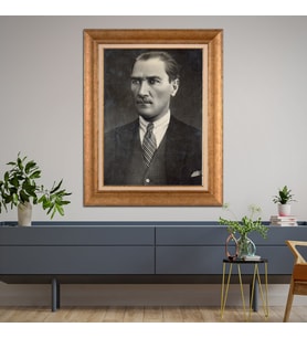 Altın Varaklı Çerçeveli Paspartulu Atatürk Tablo TR1018 (Gold)