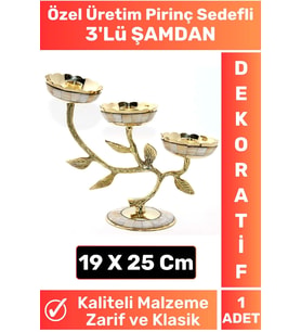 Özel Seri Kaliteli Dayanıklı Dekoratif Şık Tasarım Hediyelik Biblo Mumluk Pirinç Sedefli 3'lü ŞAMDAN
