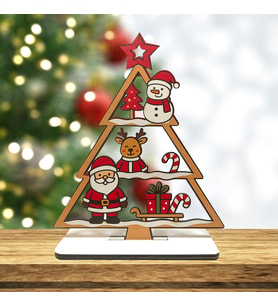 Yılbaşı Temalı Ahşap Masa Süsü – Noel Baba, Geyik ve Kardan Adam Figürlü Dekoratif 3mm MDF Ağaç (20 cm)