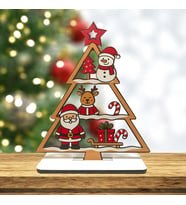 Yılbaşı Temalı Ahşap Masa Süsü – Noel Baba, Geyik ve Kardan Adam Figürlü Dekoratif 3mm MDF Ağaç (20 cm)