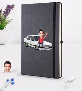 BK Gift Kişiye Özel Plakalı Erkek Tofaş Doğan SLX Karikatürlü Siyah Termo Deri Defter 16x24cm Model 1