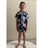 Cg Kids Lacivert Ince Keten Yaprak Desen Kaliteli Kumaş Erkek Çocuk Alt Üst Takım