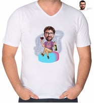 BK Gift Kişiye Özel Erkek Karikatürlü V Yaka Tişört-2 (Beyaz)