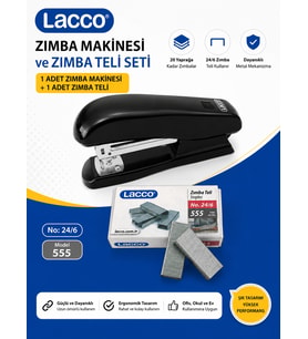 Lacco 24/6 Zımba Makinesi ve Zımba Teli Seti 1 Zımba Makinesi 1 Kutu 24/6 Zımba Teli Dayanıklı Metal Mekanizma