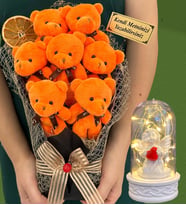 Kişiye Özel Büyük Boy 7'li Peluş Ayıcık Buketi ve Led Işıklı Beyaz Melekli Fanus (Model 4)