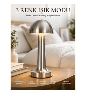 Mey İthalat® Modern Mantar Masa Lambası Dokunmatik 3 Işık Modlu Şarjlı Kablosuz LED Yeni Nesil