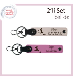 Futbol Figürlü Sevgiliye Kalıcı Tasarım, Yazı Eklenebilir 2’li Deri Set, Pudra-Pembe