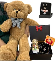Renkli Zümdürü Anka Kuşu Kolyeli Fotoğraflı Premium Set - Büyük Boy Kahve Peluş Ayıcıklı (Model 1)
