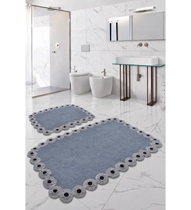 Gülruba Köşeli Koyu Gri Çeyizlik Dantelli 2'li Banyo Paspası Seti Kaymaz Tabanlı Klozet Takımı