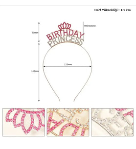 Kristal Taşlı Pembe Birthday Princess Yazılı Parti Tacı 19x11 cm