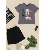Kaplan Baskılı Tshirt Şort Antrasit Takım