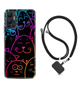 Infınix Hot 12 Kılıf Silikon Boyun Askılı İpli Desenli Silikon Neon Cats 1790