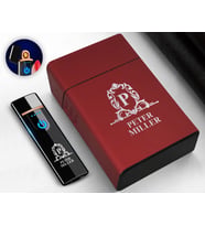 BK Gift Kişiye Özel Kırmızı Sigara Tabakası ve Elektronik Dokunmatik Alevsiz Şarjlı Çakmak Hediye Seti-1, Metal Sigara Tabakası, Elektronik Çakmak