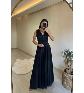 Neşeli butik kadın drapeli ışıltılı kalın askılı abiye elbise NM003 (Siyah)