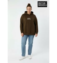 Kadın Büyük Beden California 1974 Baskılı Kapüşonlu Sweat – Rahat Kalıp Hoodie SPR26BSWK965 (Kahverengi)