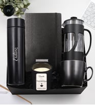 Kişiye Özel 500 ML Siyah Dereceli Termos & Siyah French Press & Siyah Defter & Siyah Kupa & Vanilya Kokulu Bardak Mum Hediye Seti