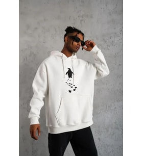Erkek Nihilist Penguen Temalı Oversize Kapüşonlu Sweatshirt - Beyaz