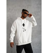 Erkek Nihilist Penguen Temalı Oversize Kapüşonlu Sweatshirt - Beyaz